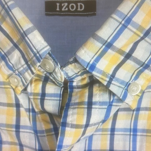 LZOD Shirt Mens Size LG Blue Yellow White Plaid Button Down Short Sleeve Pocket - Picture 7 of 8